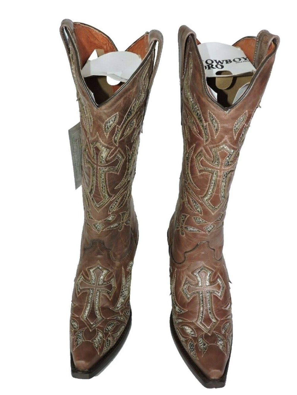 Cowboy Pro Cowgirl Boots Size 6.5 Brown Leather Python Cross Snip Toe Western